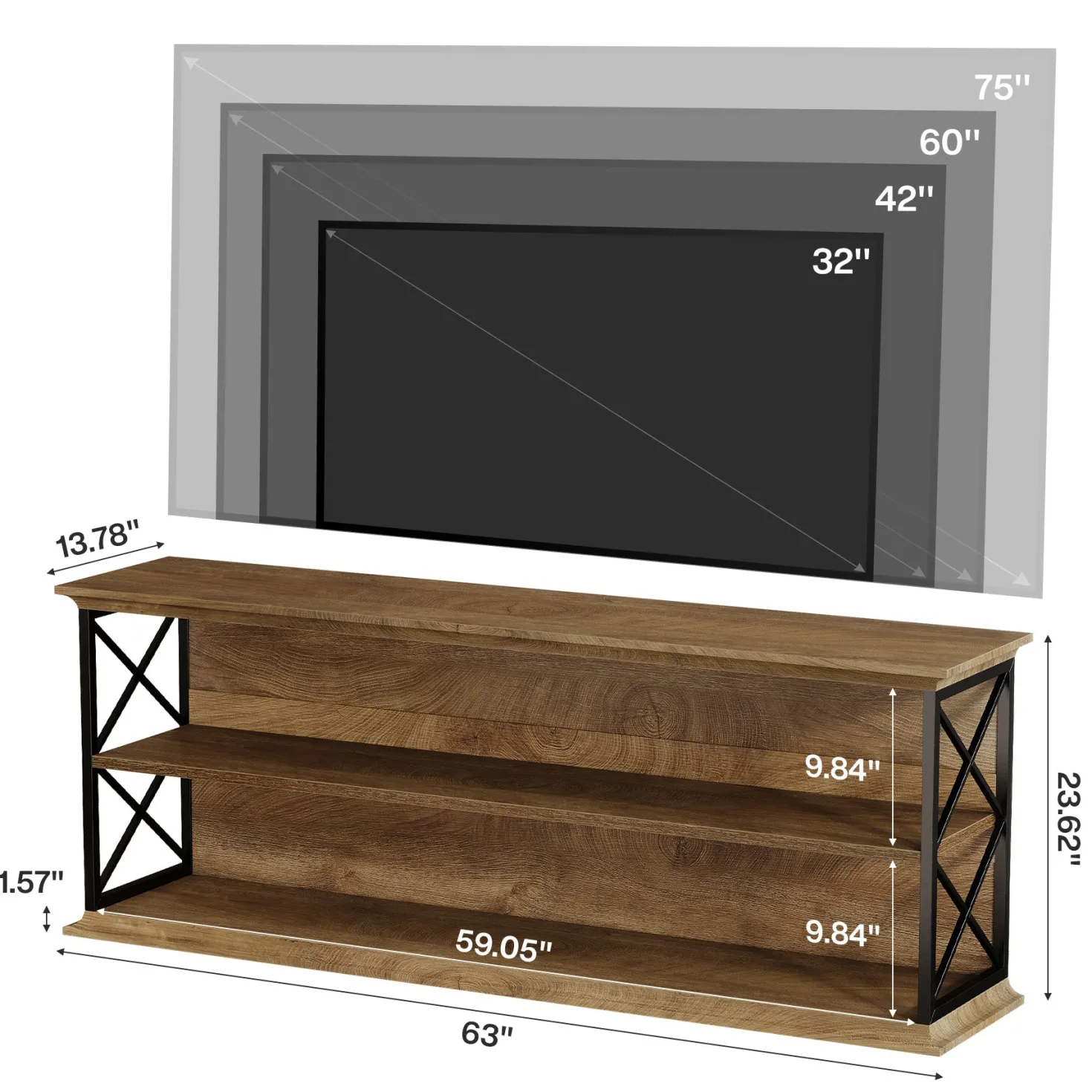 63" Industrial TV Stand for 55–75 Inch TVs, Wood & Metal Entertainment Center with 3-Tier Open Shelves