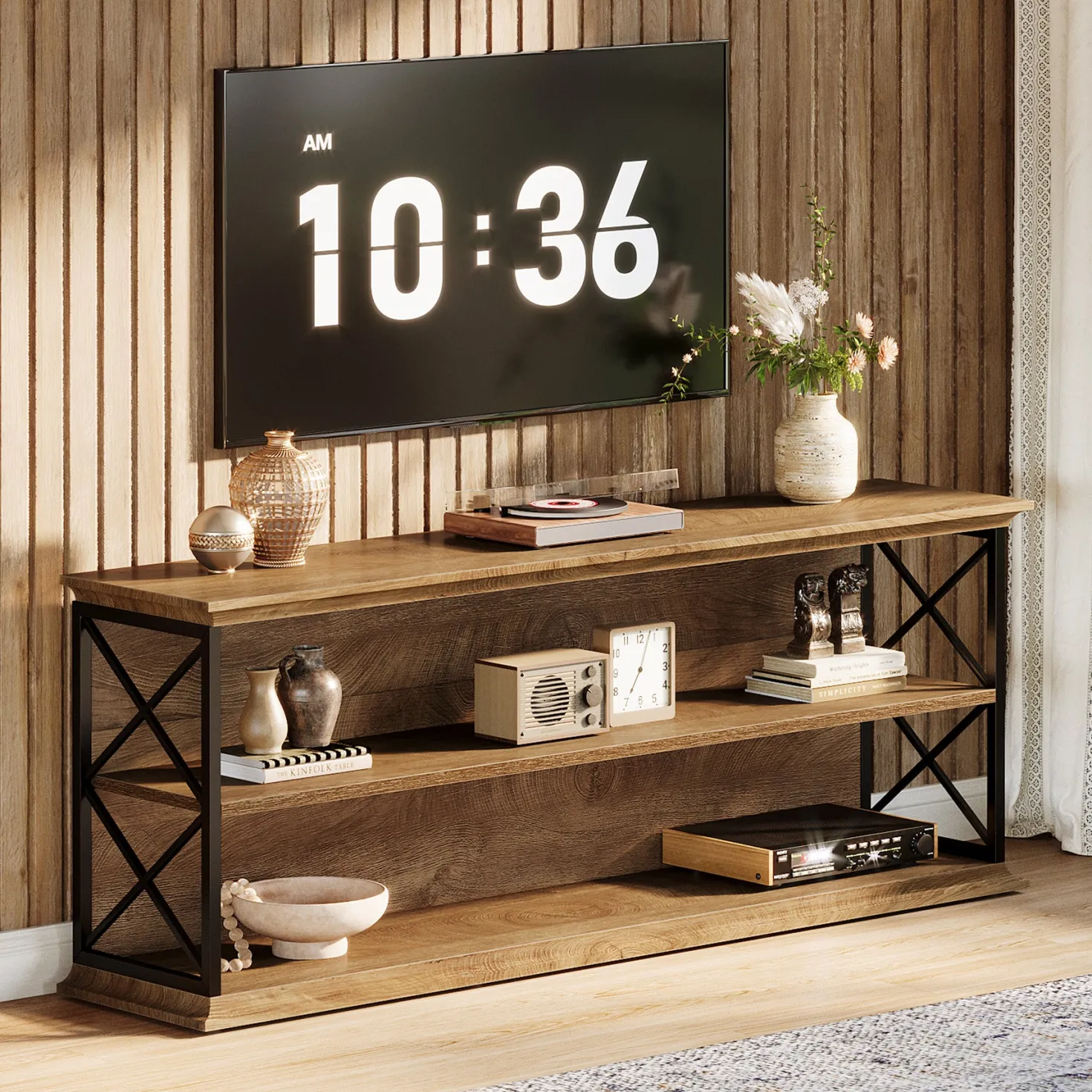 63" Industrial TV Stand for 55–75 Inch TVs, Wood & Metal Entertainment Center with 3-Tier Open Shelves