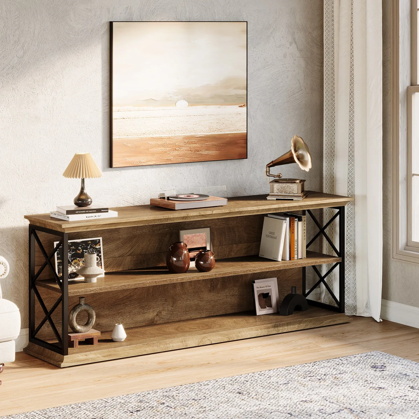 63" Industrial TV Stand for 55–75 Inch TVs, Wood & Metal Entertainment Center with 3-Tier Open Shelves