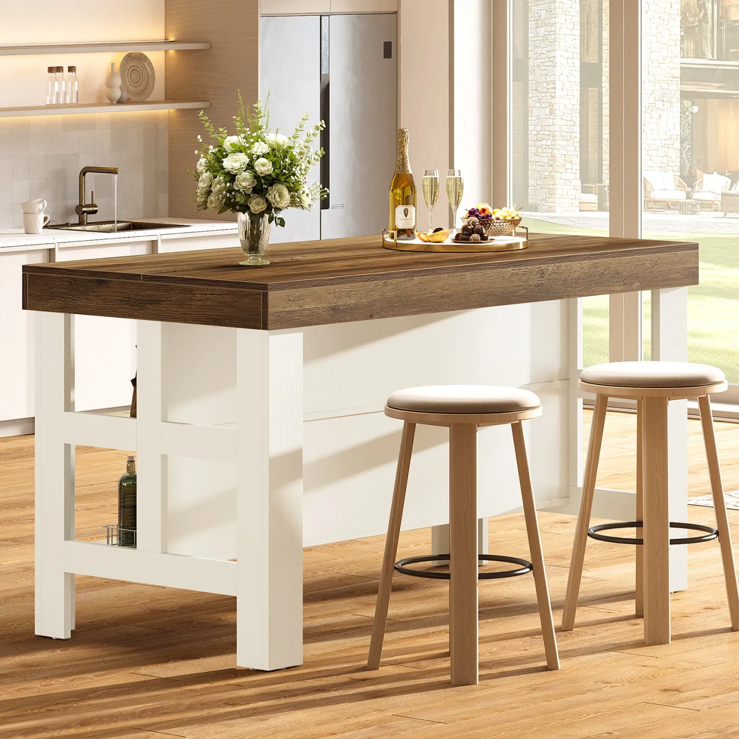 55" Kitchen Island, Breakfast Counter with Seating and Storage Shelves