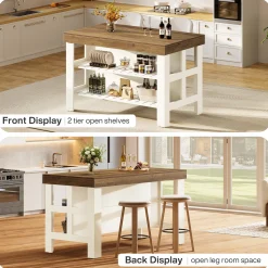 55" Kitchen Island, Breakfast Counter with Seating and Storage Shelves
