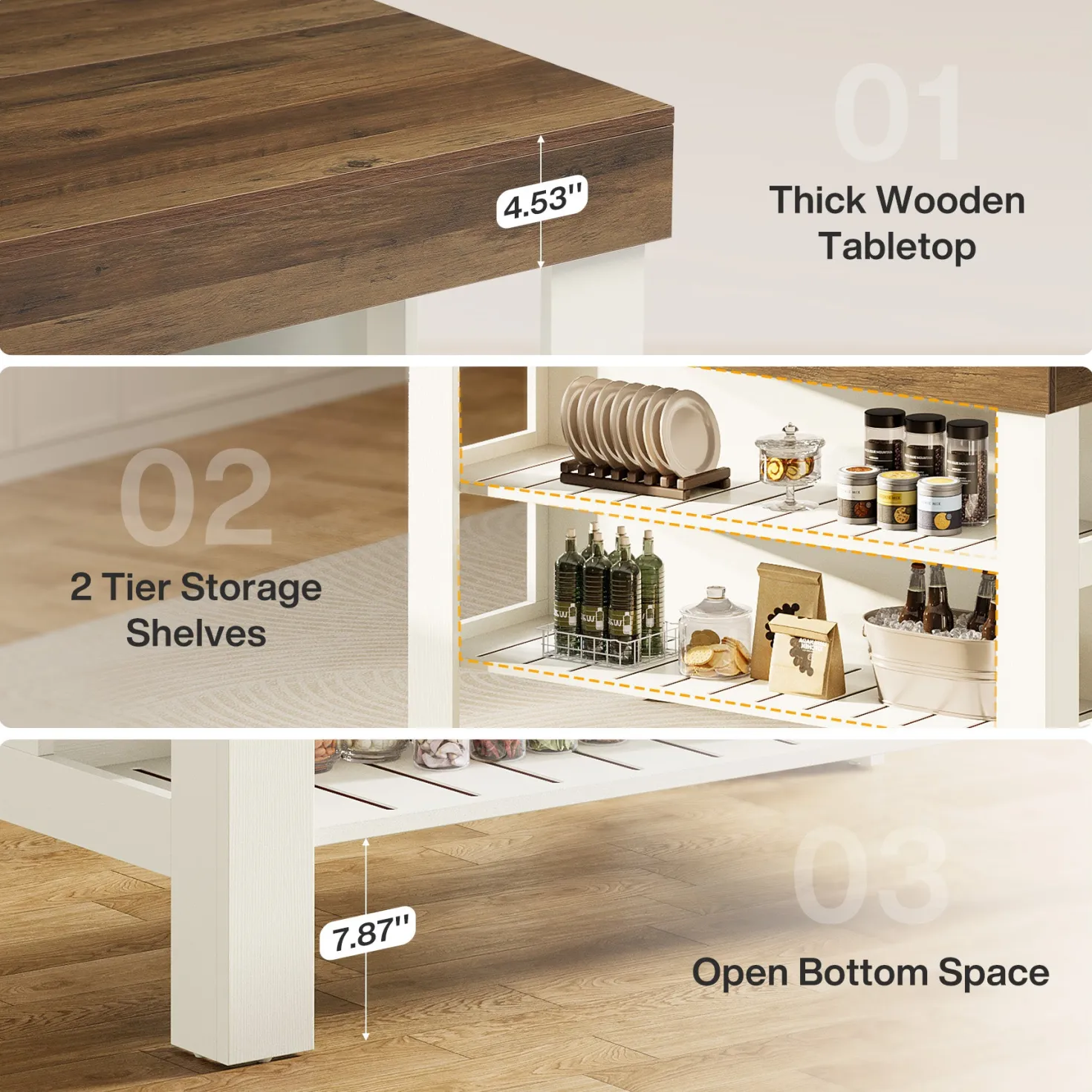 55" Kitchen Island, Breakfast Counter with Seating and Storage Shelves