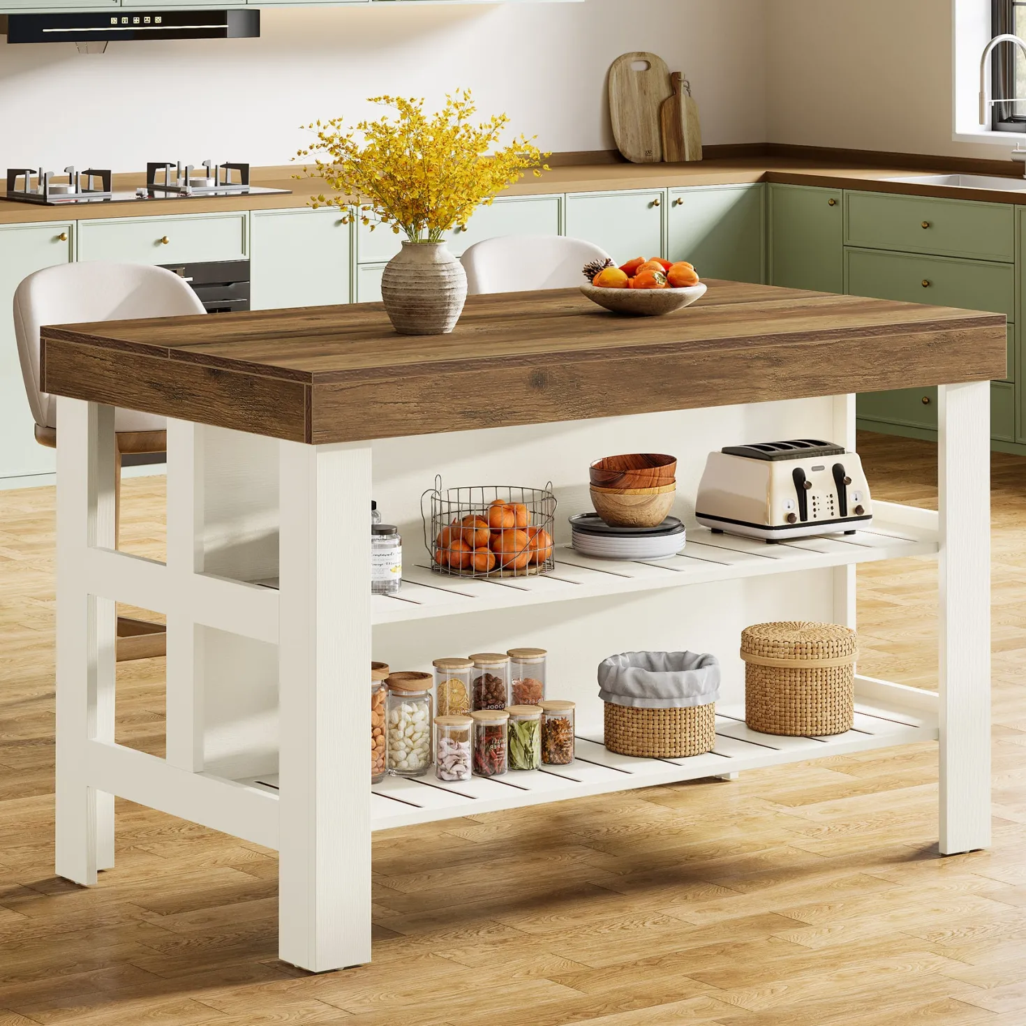 55" Kitchen Island, Breakfast Counter with Seating and Storage Shelves