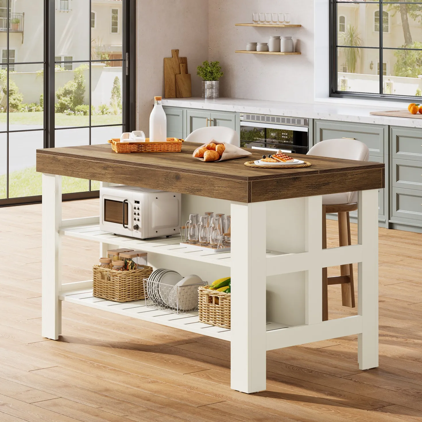 55" Kitchen Island, Breakfast Counter with Seating and Storage Shelves