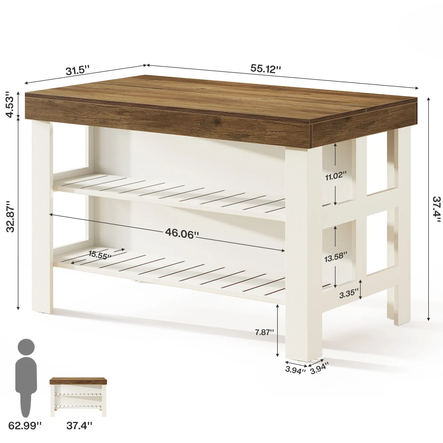 55" Kitchen Island, Breakfast Counter with Seating and Storage Shelves