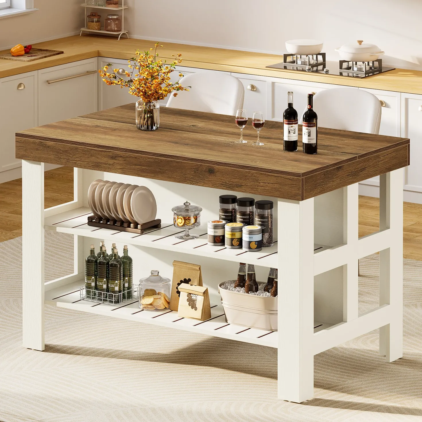 55" Kitchen Island, Breakfast Counter with Seating and Storage Shelves