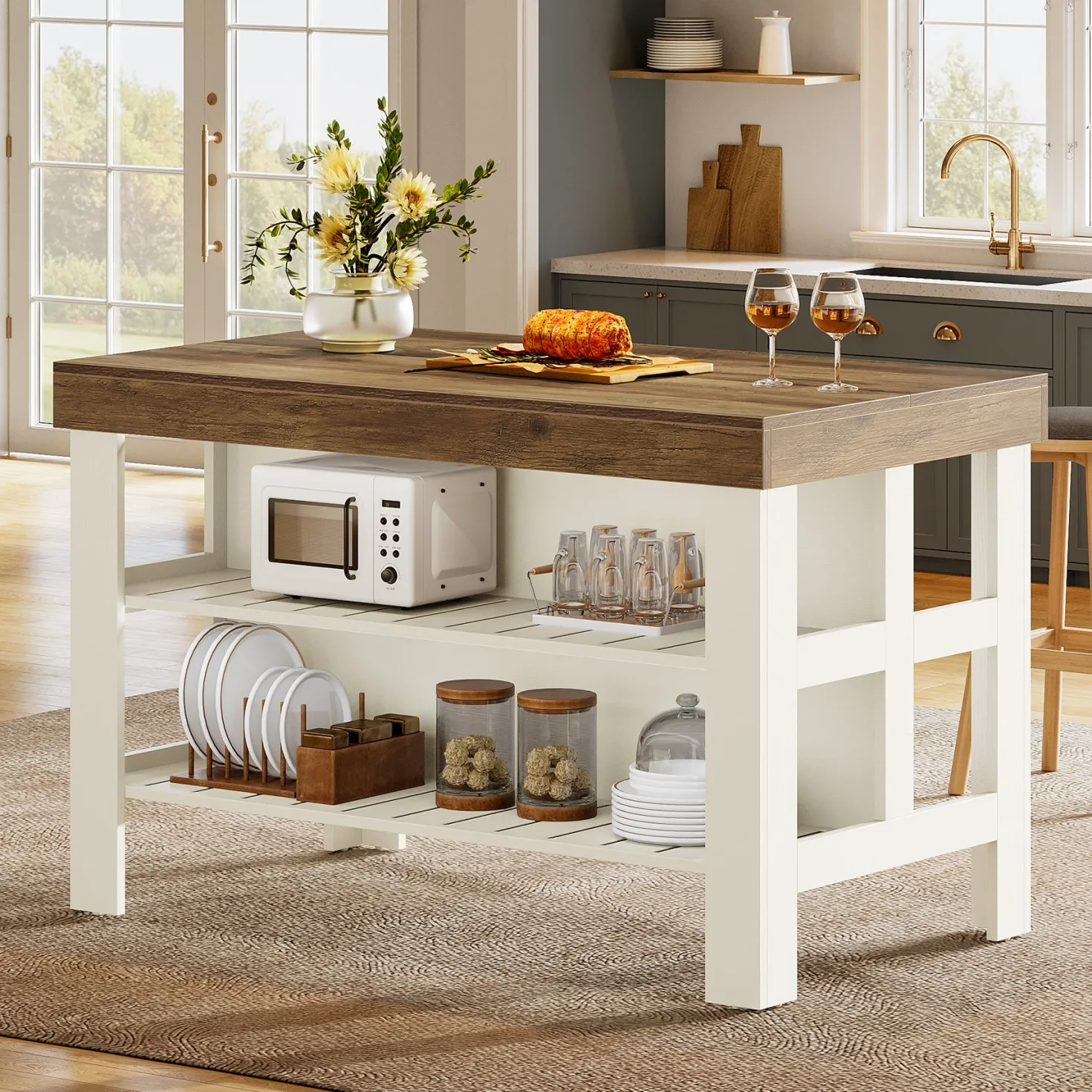 55" Kitchen Island, Breakfast Counter with Seating and Storage Shelves