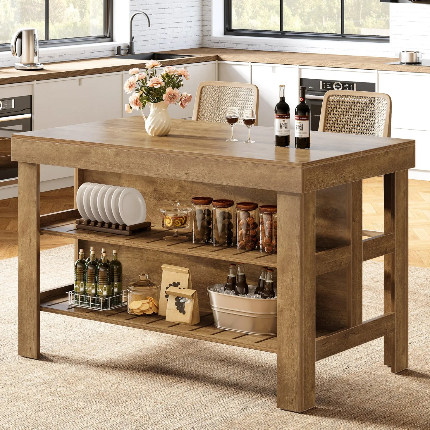 55" Kitchen Island, Breakfast Counter with Seating and Storage Shelves