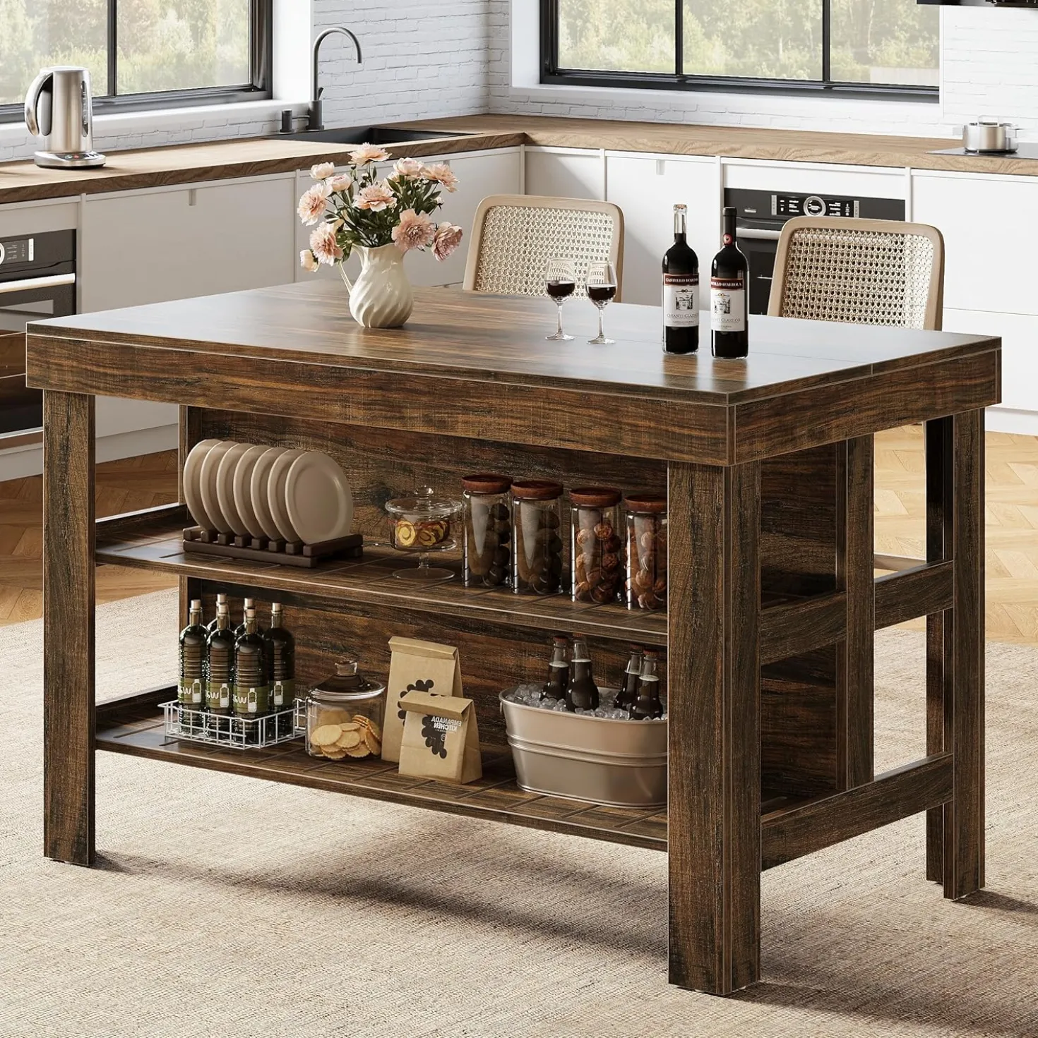 55" Kitchen Island, Breakfast Counter with Seating and Storage Shelves