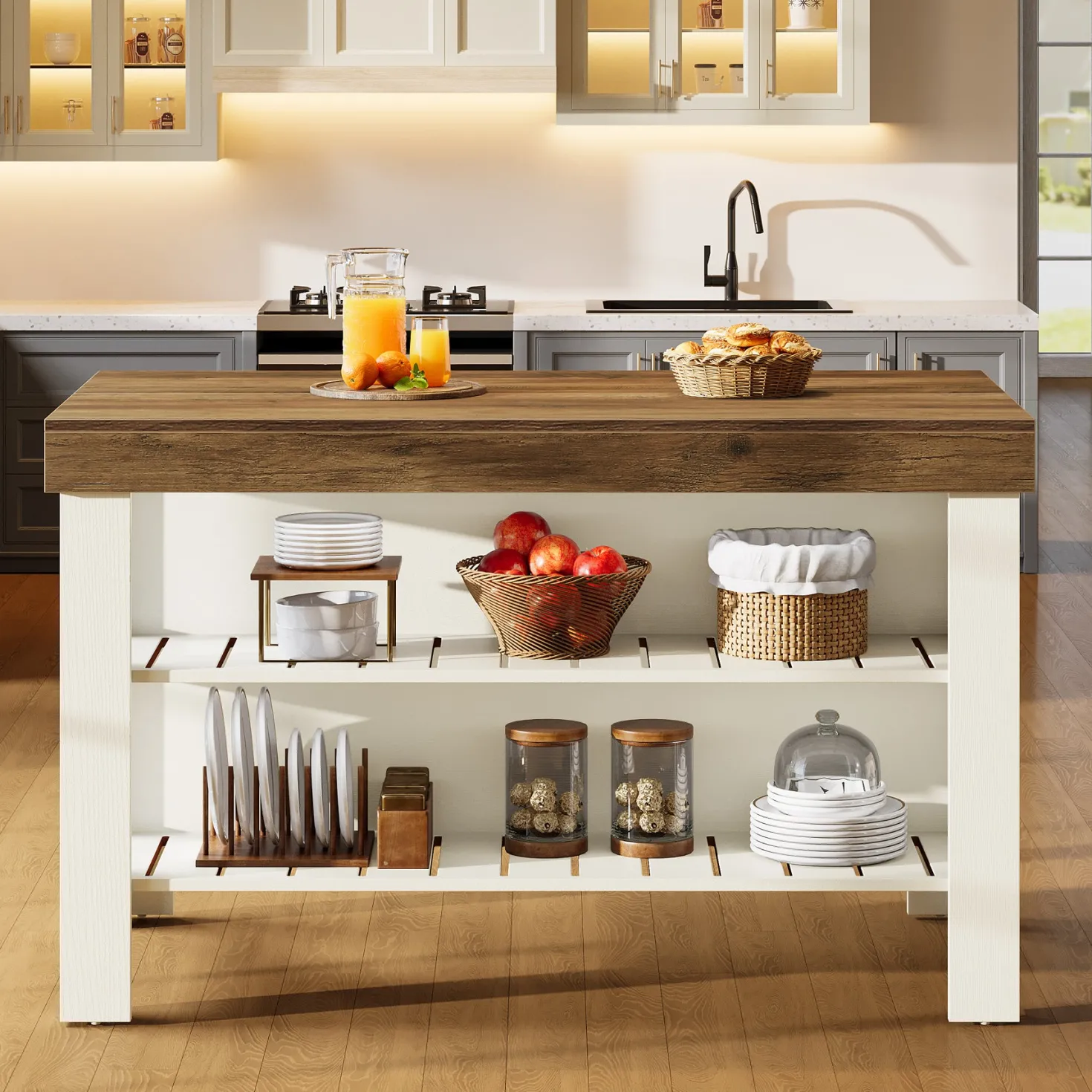 55" Kitchen Island, Breakfast Counter with Seating and Storage Shelves