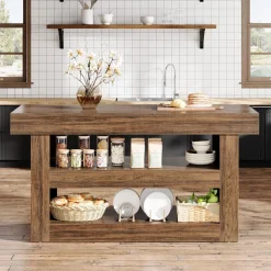 55" Kitchen Island, Farmhouse 3-Tier Island Table with Large Countertop