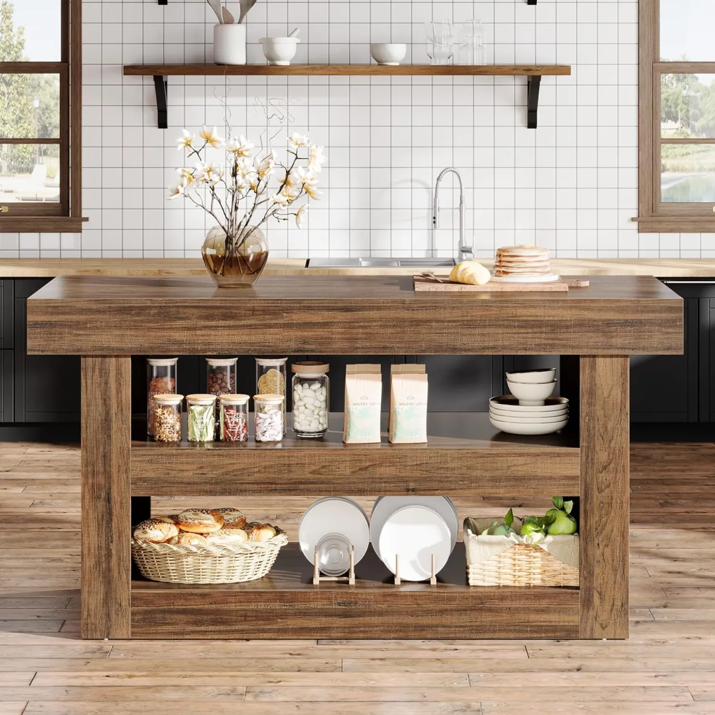 55" Kitchen Island, Farmhouse 3-Tier Island Table with Large Countertop