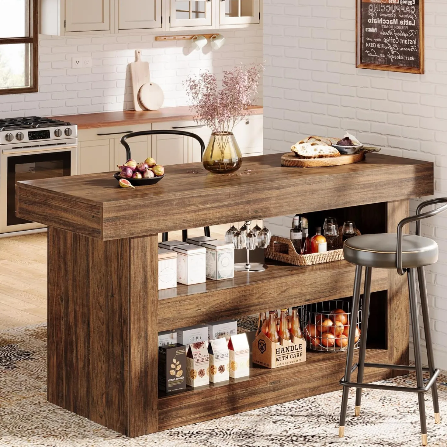 55" Kitchen Island, Farmhouse 3-Tier Island Table with Large Countertop