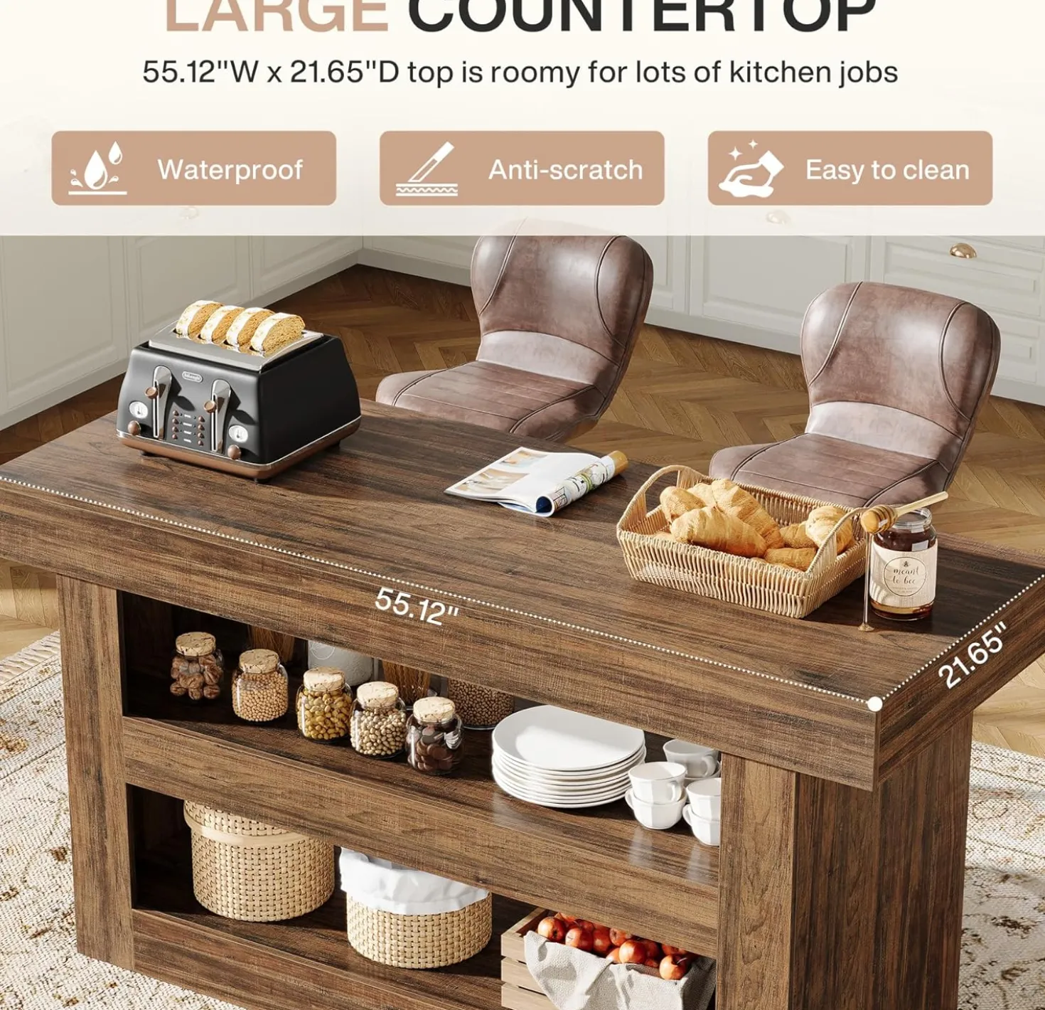 55" Kitchen Island, Farmhouse 3-Tier Island Table with Large Countertop