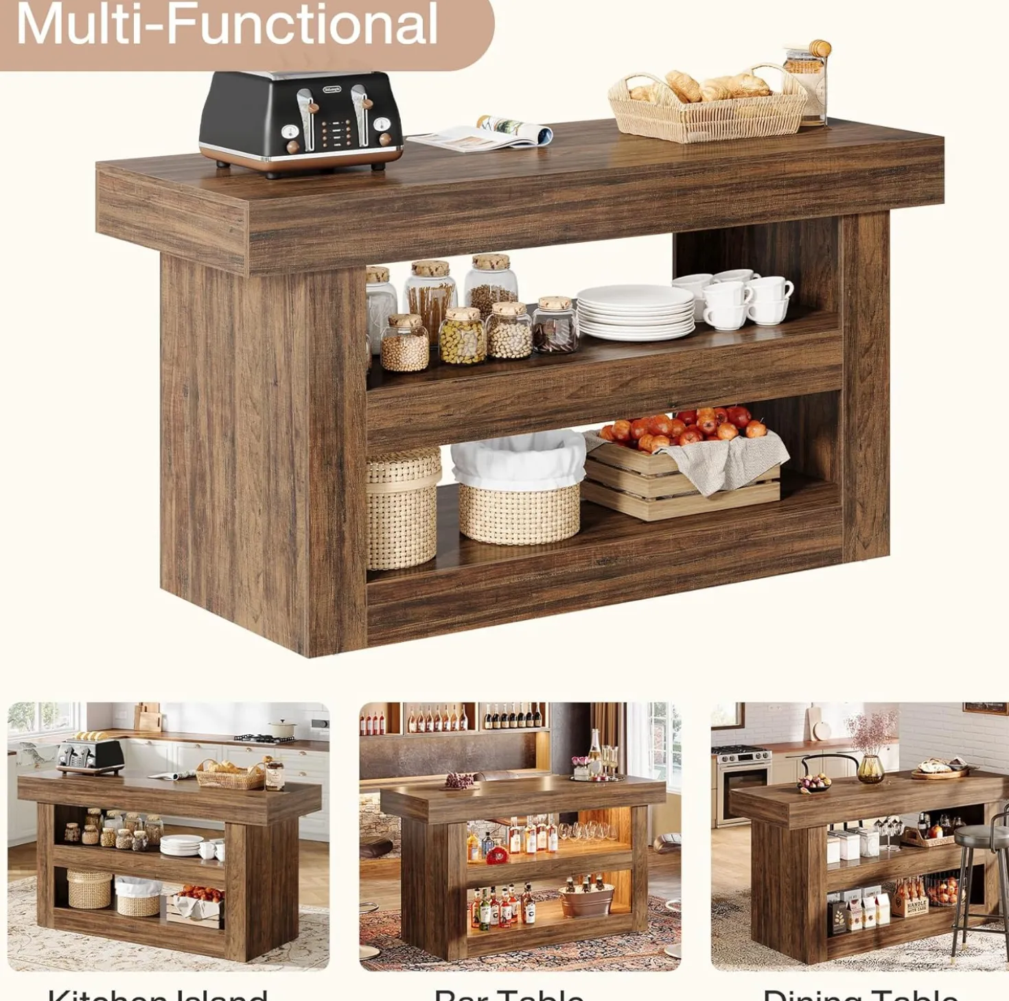 55" Kitchen Island, Farmhouse 3-Tier Island Table with Large Countertop