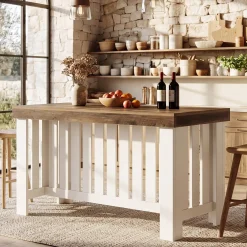 55" Kitchen Island, Farmhouse Stationary Table with Sturdy Base for Kitchen