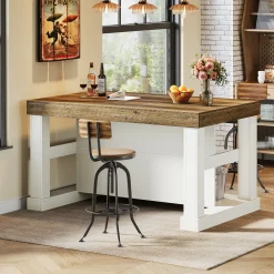 55" Kitchen Island, Farmhouse Stationary Island Unit with 2-Tier Storage
