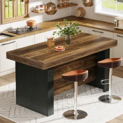 55" Kitchen Island, Farmhouse Center Island with 2 Tier Storage