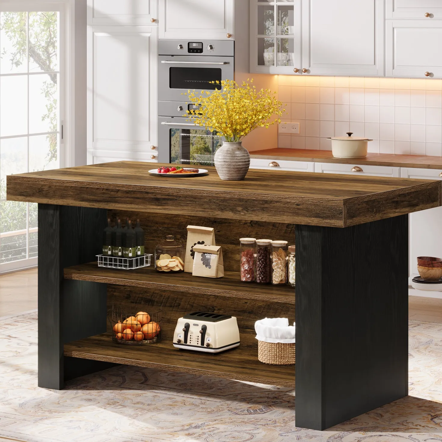 55" Kitchen Island, Farmhouse Center Island with 2 Tier Storage