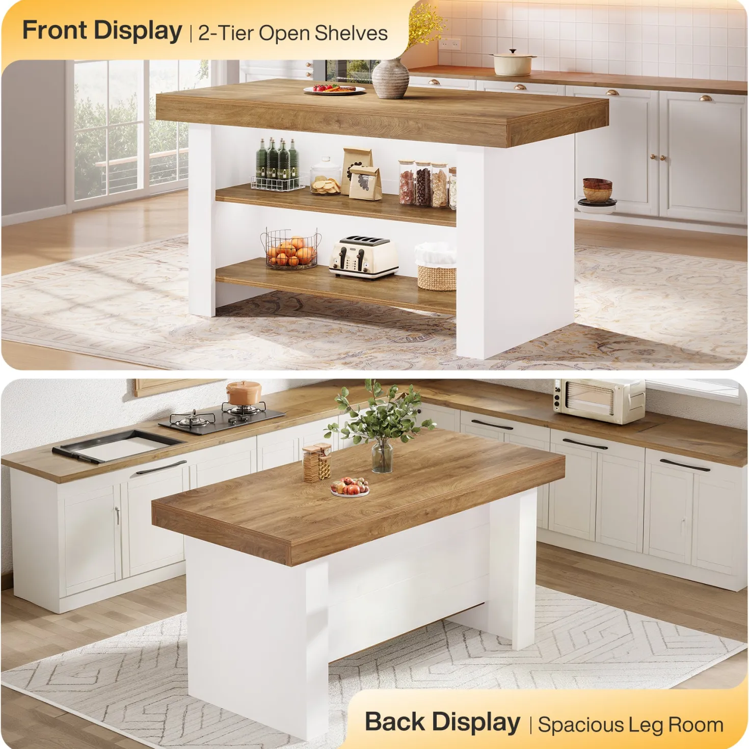 55" Kitchen Island, Farmhouse Center Island with 2 Tier Storage