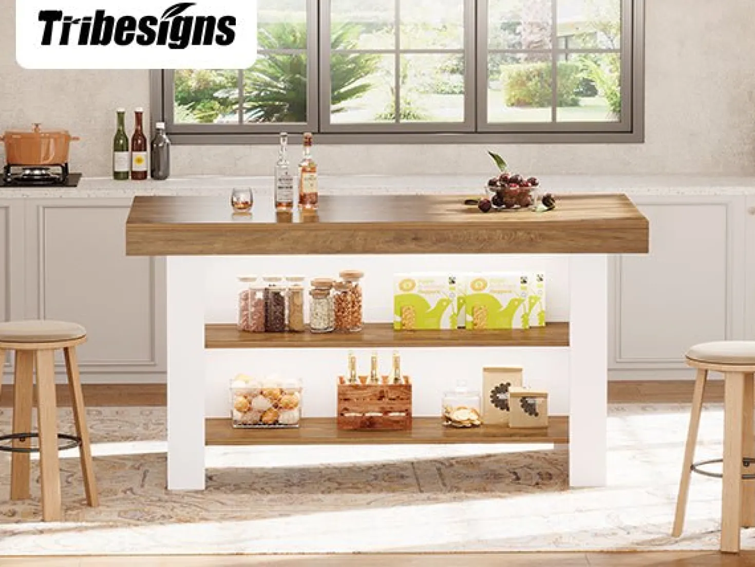 55" Kitchen Island, Farmhouse Center Island with 2 Tier Storage
