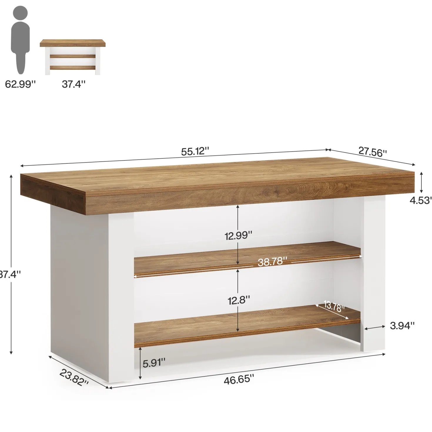 55" Kitchen Island, Farmhouse Center Island with 2 Tier Storage