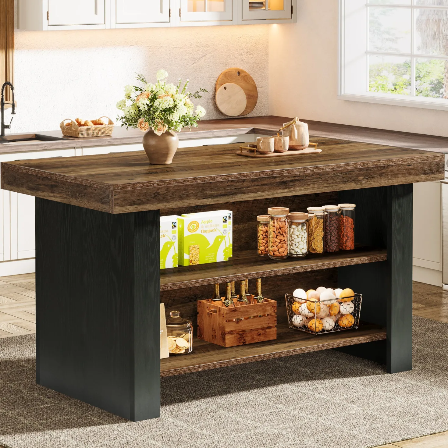 55" Kitchen Island, Farmhouse Center Island with 2 Tier Storage