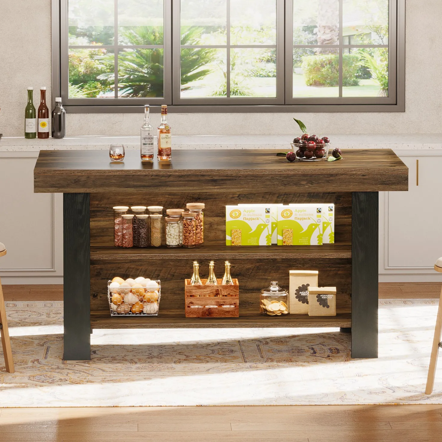 55" Kitchen Island, Farmhouse Center Island with 2 Tier Storage