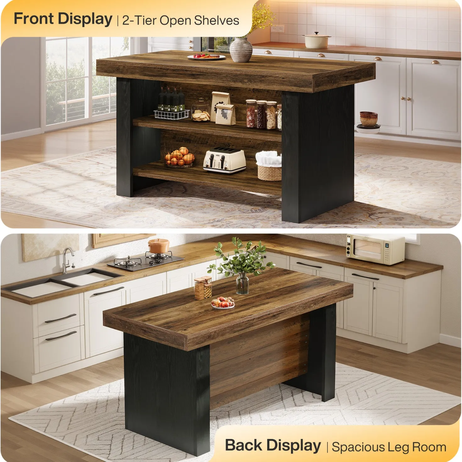 55" Kitchen Island, Farmhouse Center Island with 2 Tier Storage