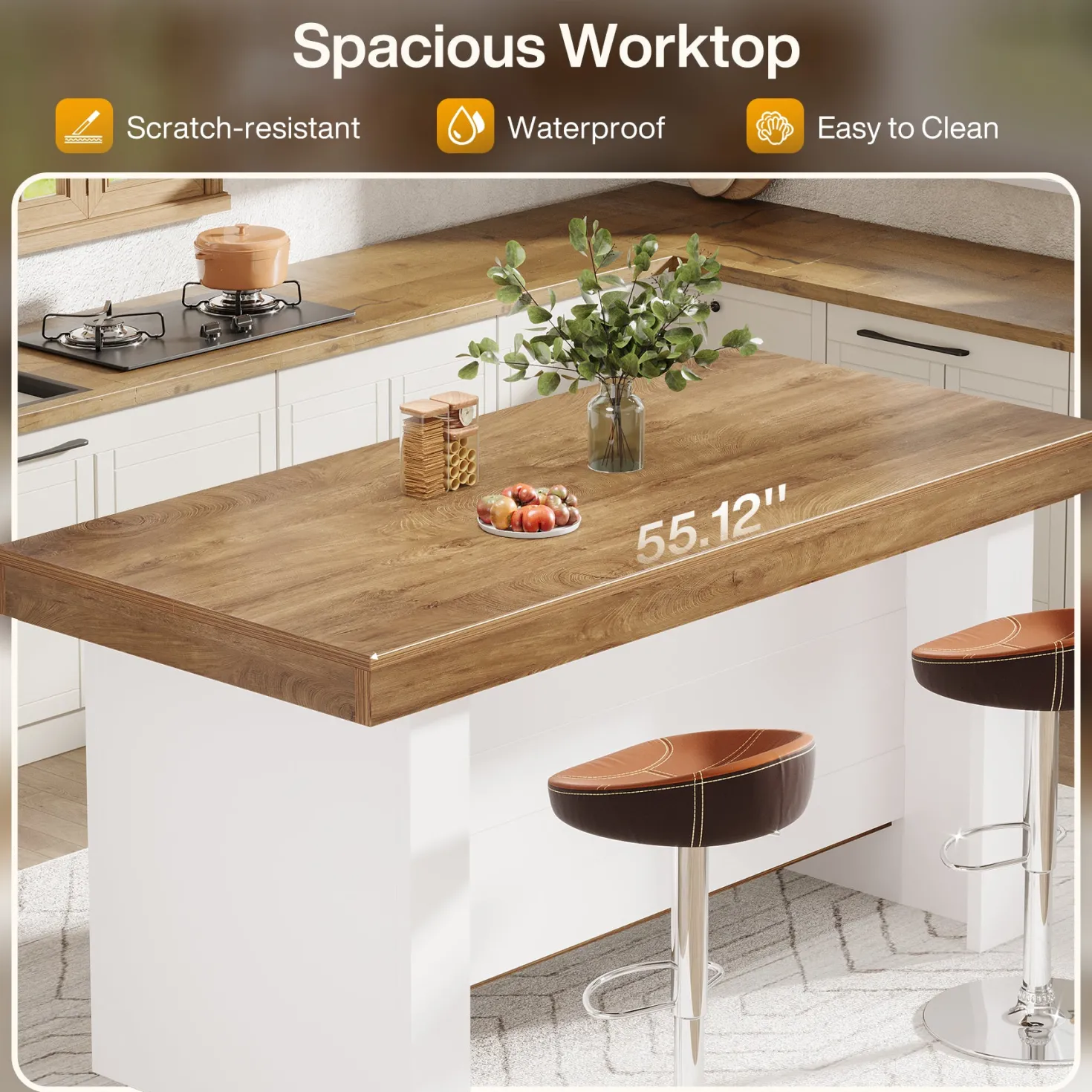 55" Kitchen Island, Farmhouse Center Island with 2 Tier Storage
