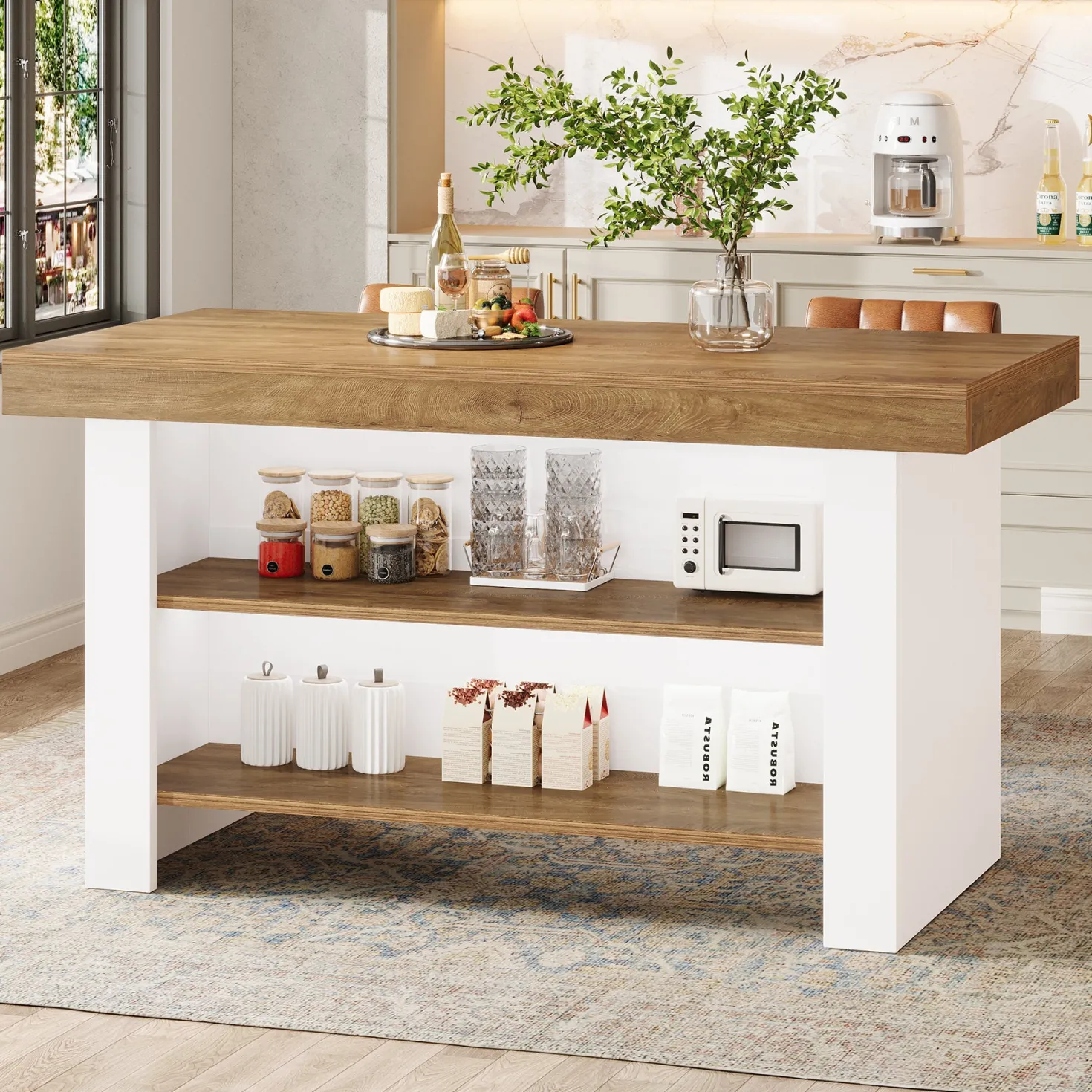 55" Kitchen Island, Farmhouse Center Island with 2 Tier Storage