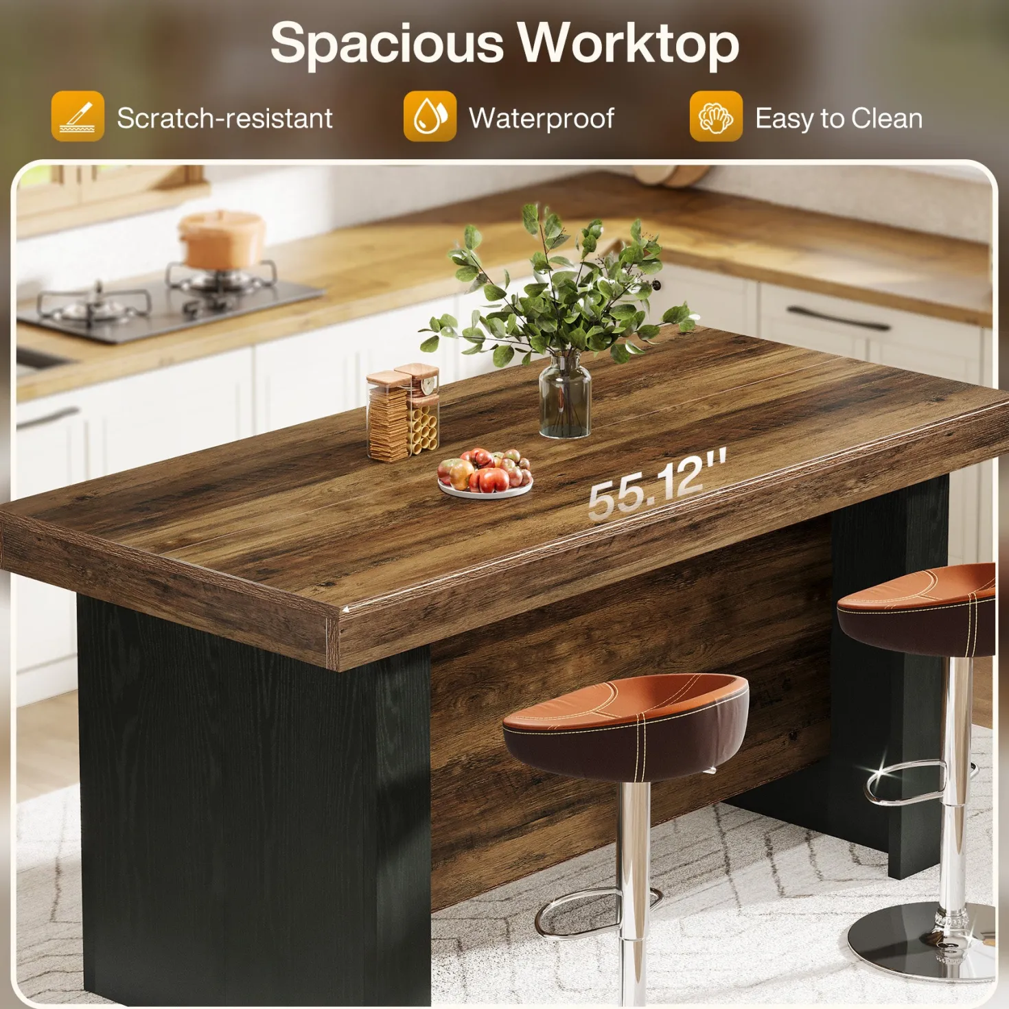 55" Kitchen Island, Farmhouse Center Island with 2 Tier Storage