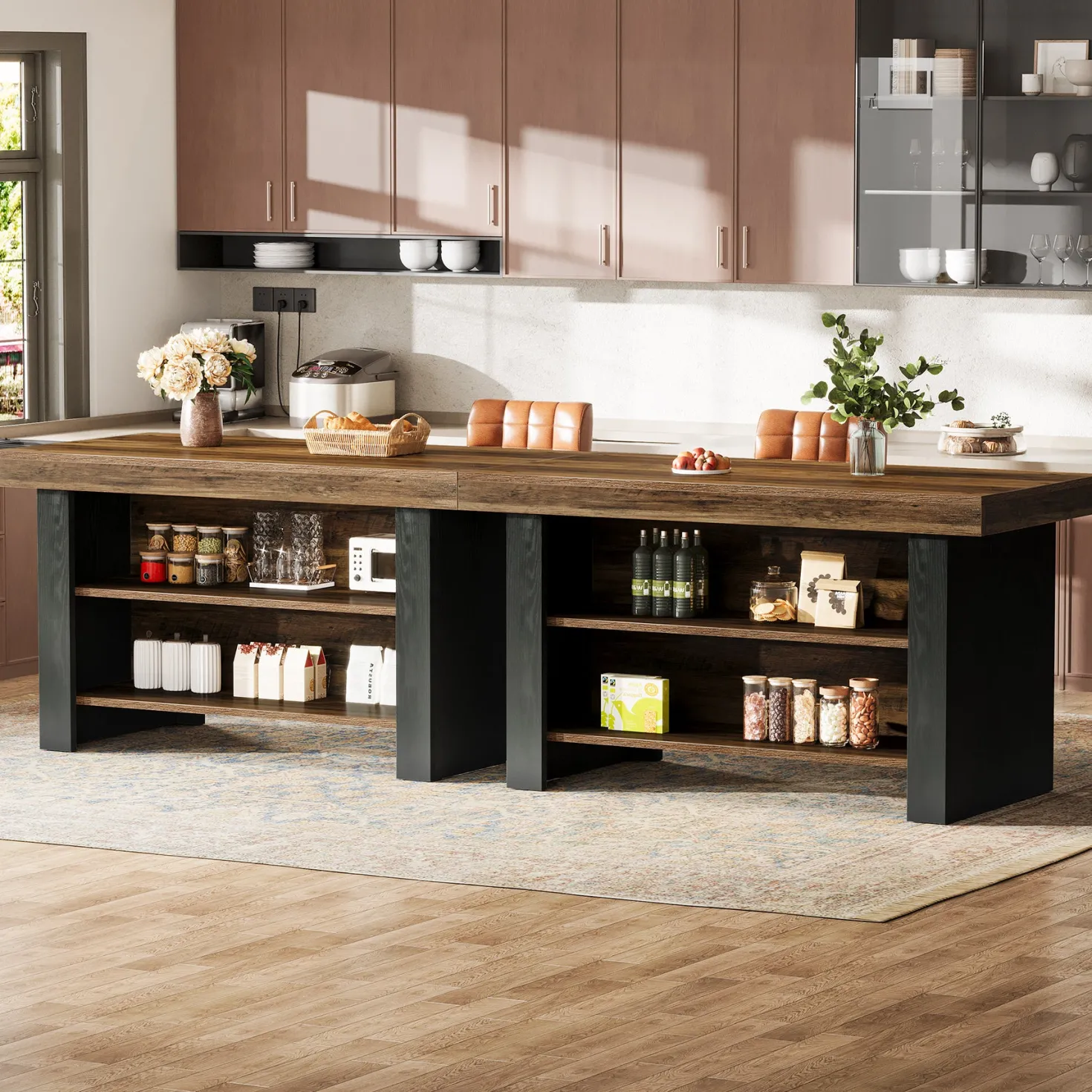 55" Kitchen Island, Farmhouse Center Island with 2 Tier Storage