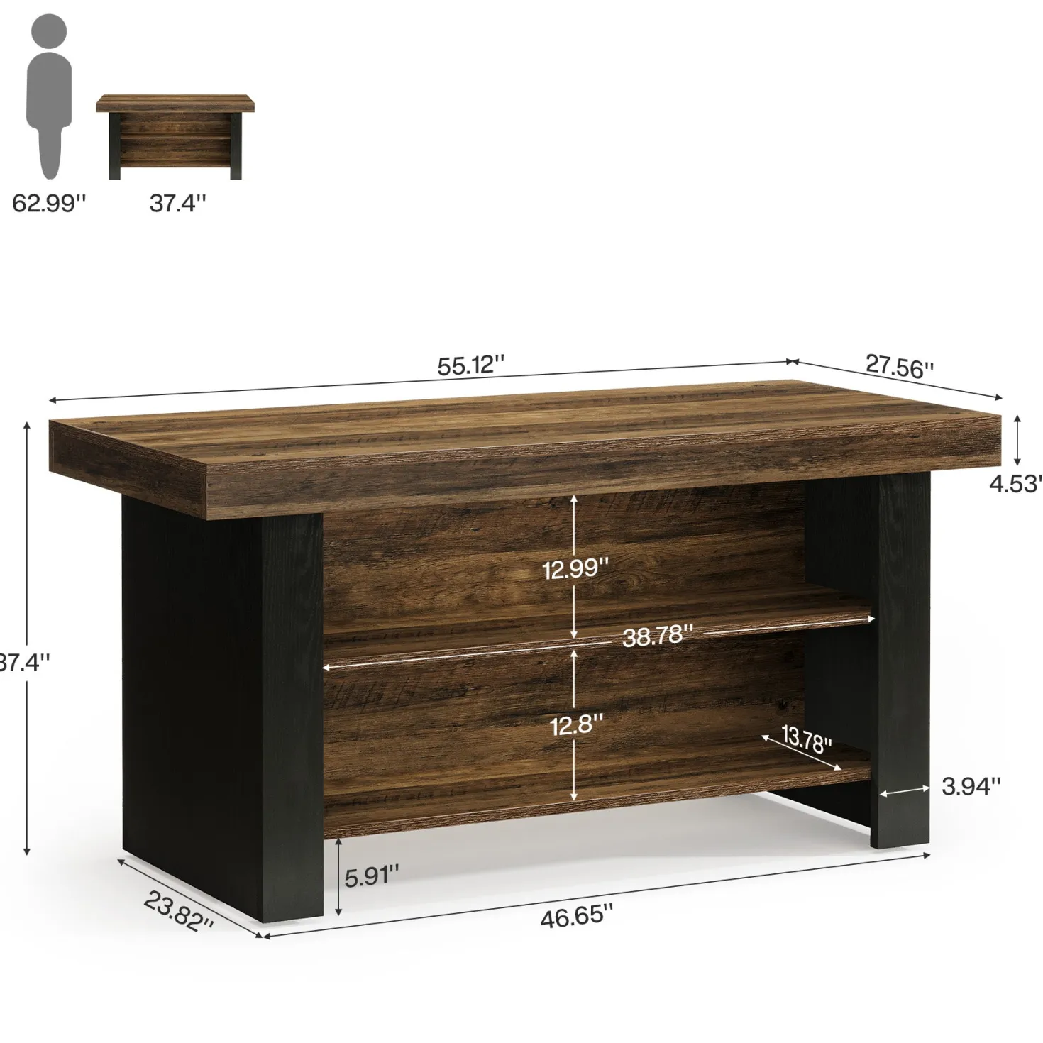 55" Kitchen Island, Farmhouse Center Island with 2 Tier Storage