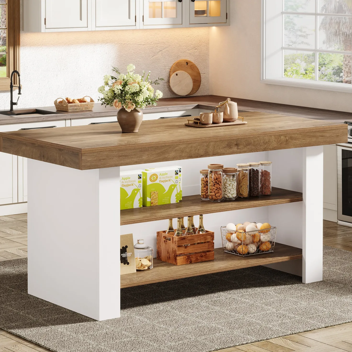 55" Kitchen Island, Farmhouse Center Island with 2 Tier Storage