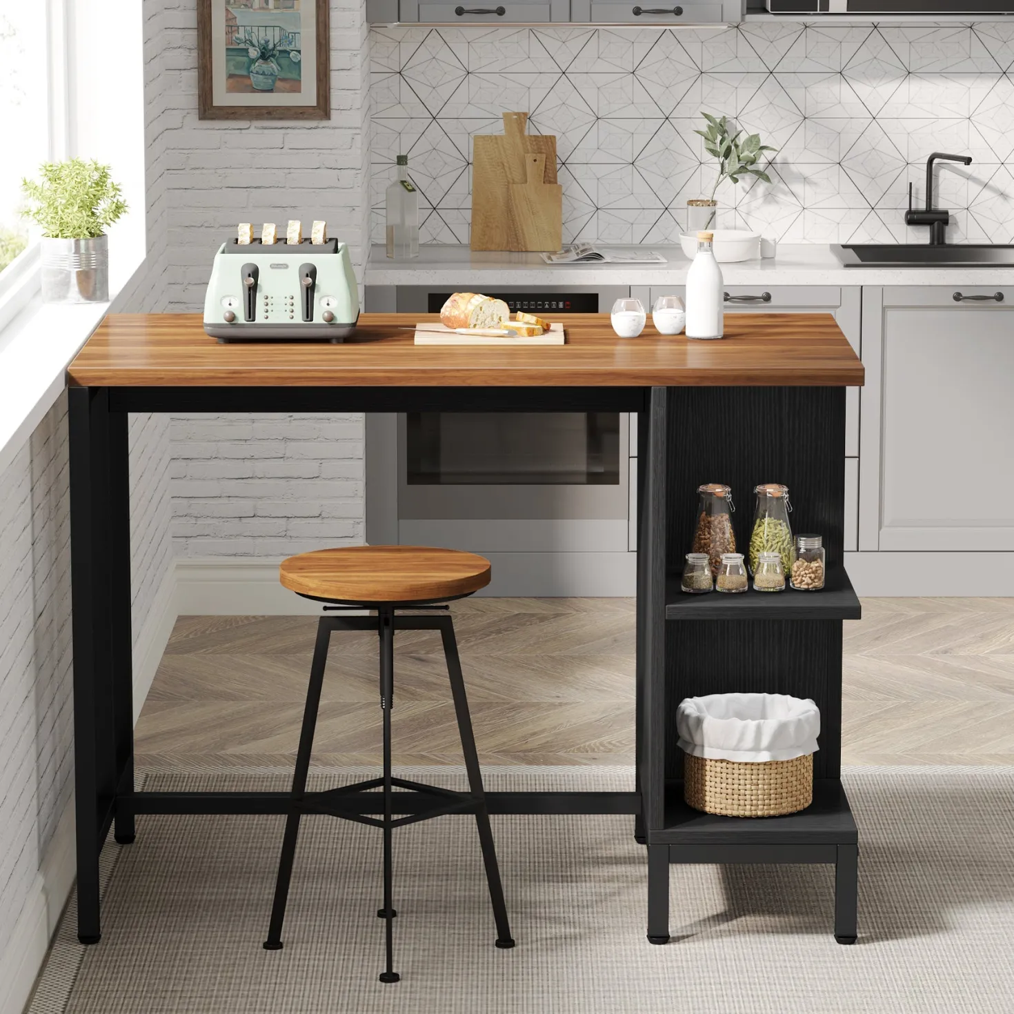 43" Kitchen Island Kitchen Counter Table with 5 Open Shelves