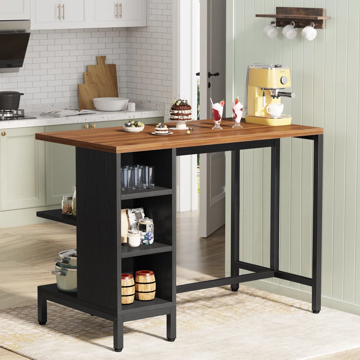43" Kitchen Island Kitchen Counter Table with 5 Open Shelves
