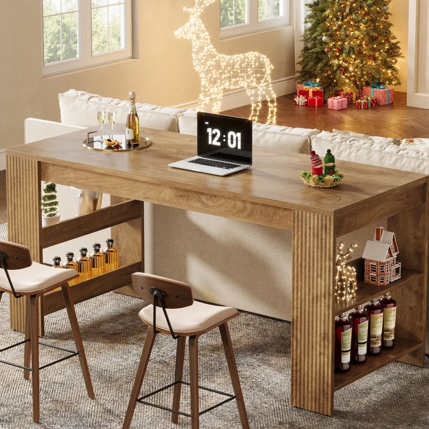 63" Kitchen Island, Large Home Bar Table with Double-Sided Storage Shelves
