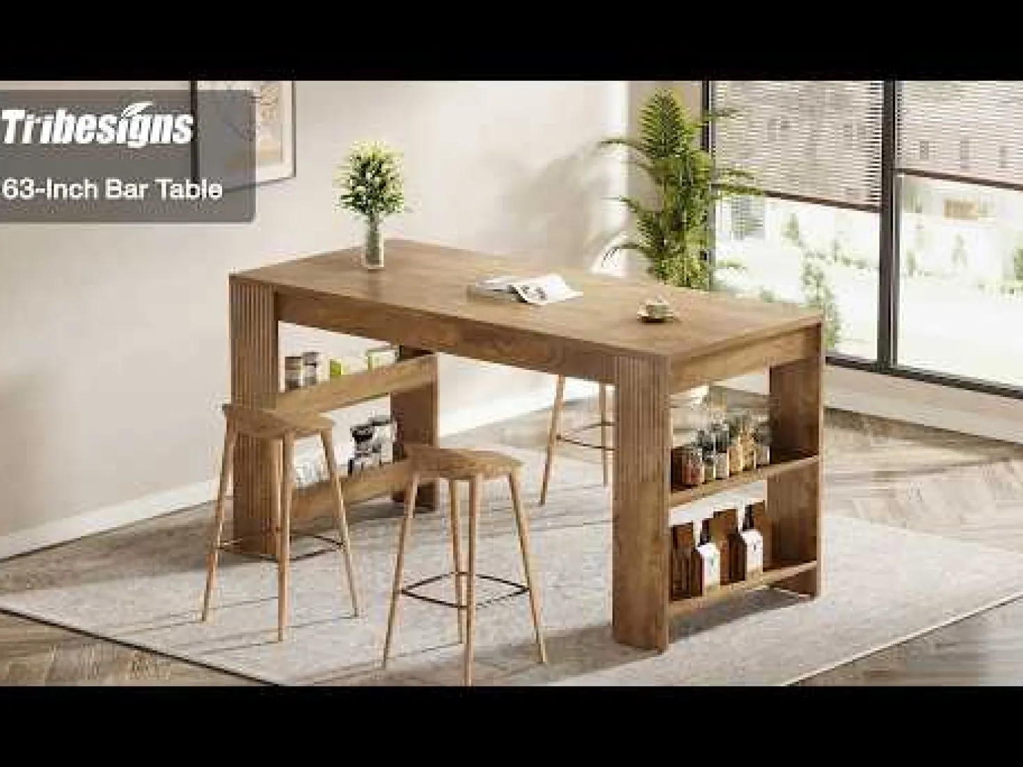 63" Kitchen Island, Large Home Bar Table with Double-Sided Storage Shelves