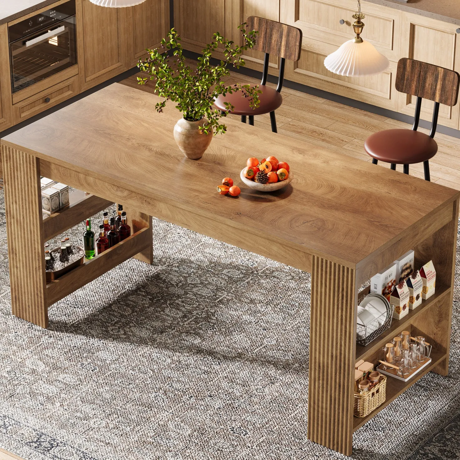 63" Kitchen Island, Large Home Bar Table with Double-Sided Storage Shelves