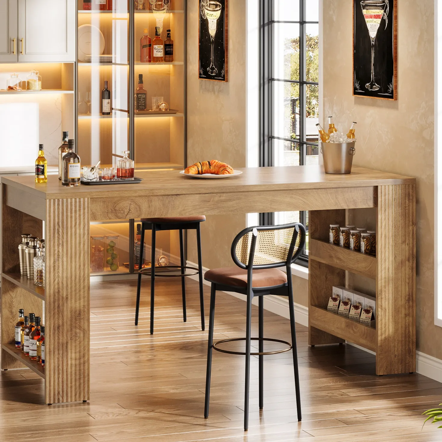 63" Kitchen Island, Large Home Bar Table with Double-Sided Storage Shelves
