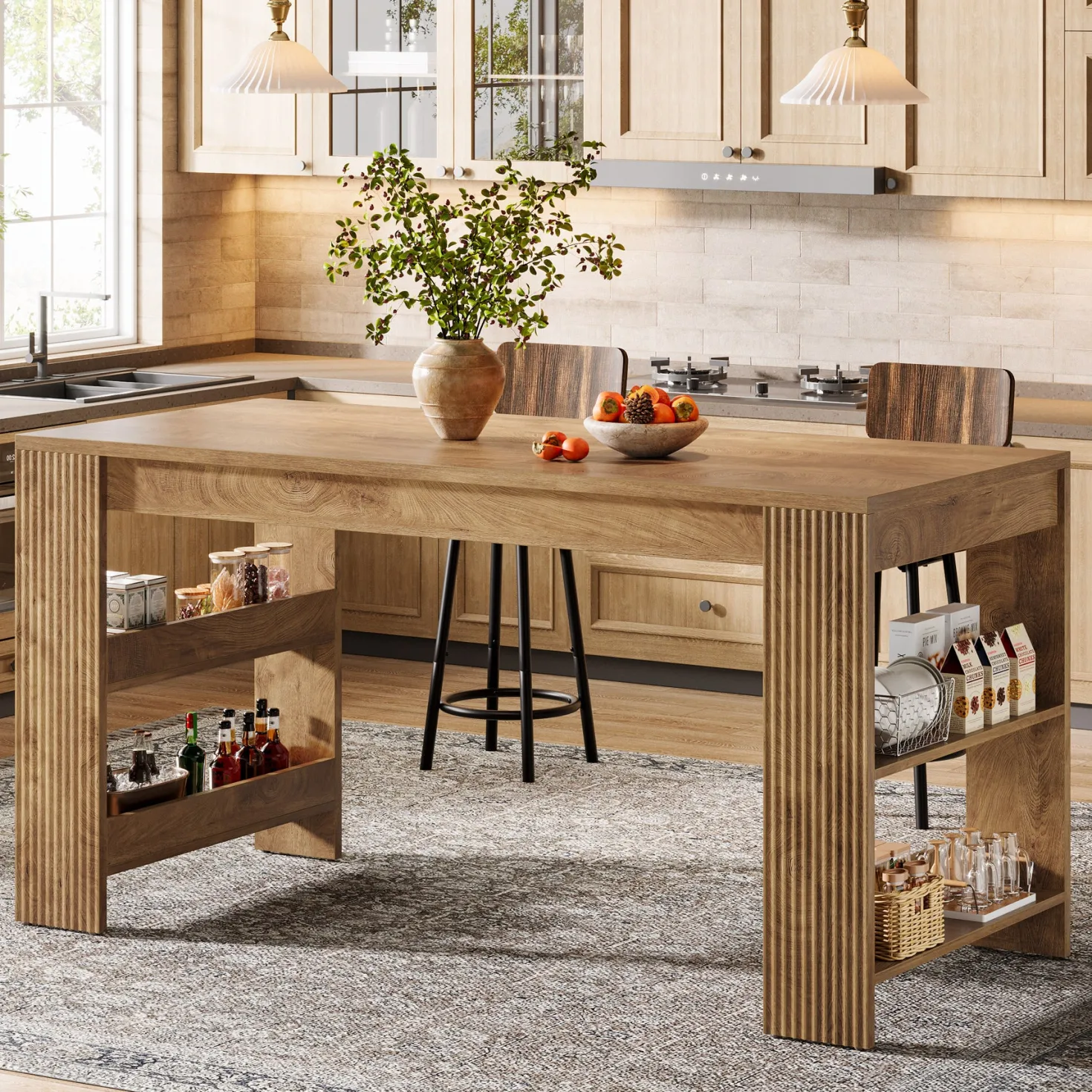 63" Kitchen Island, Large Home Bar Table with Double-Sided Storage Shelves