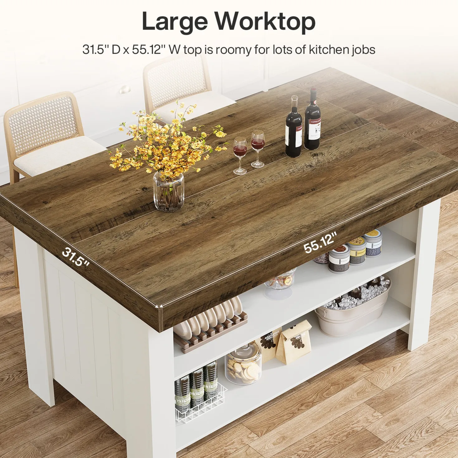 55" Kitchen Island Table, Farmhouse Counter Height Bar Table with Storage Shelves