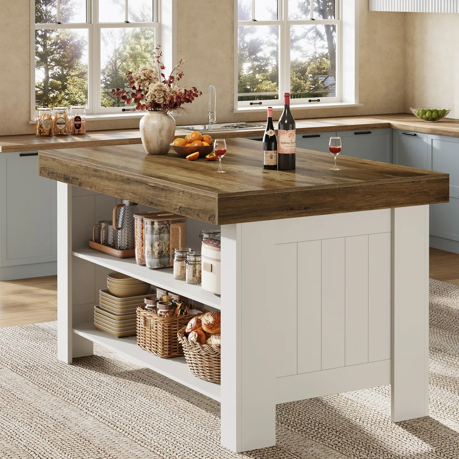 55" Kitchen Island Table, Farmhouse Counter Height Bar Table with Storage Shelves