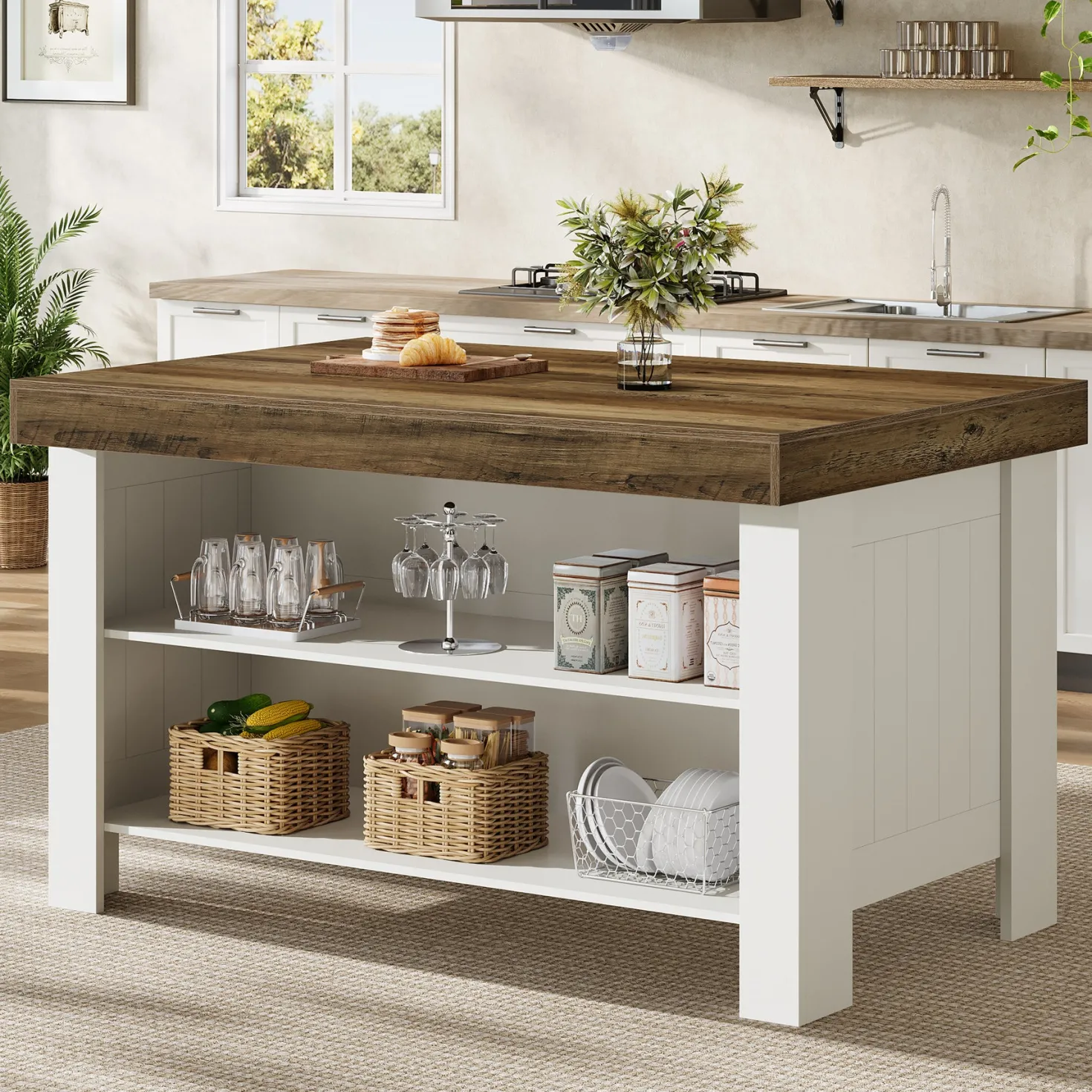 55" Kitchen Island Table, Farmhouse Counter Height Bar Table with Storage Shelves