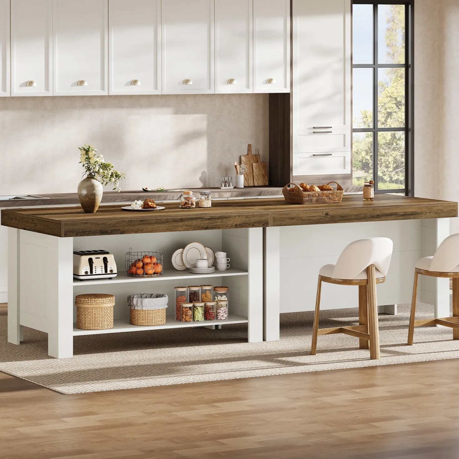 55" Kitchen Island Table, Farmhouse Counter Height Bar Table with Storage Shelves