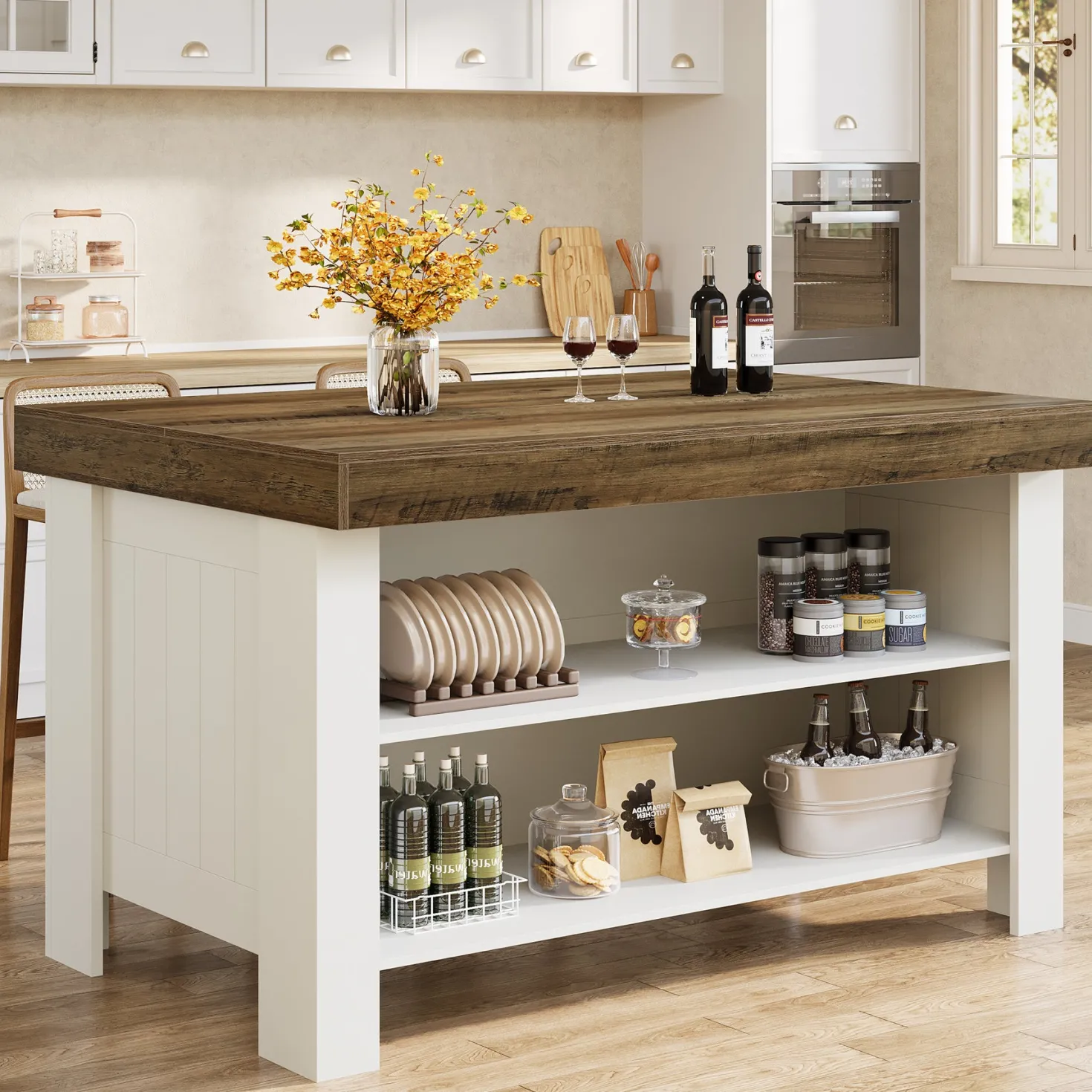 55" Kitchen Island Table, Farmhouse Counter Height Bar Table with Storage Shelves