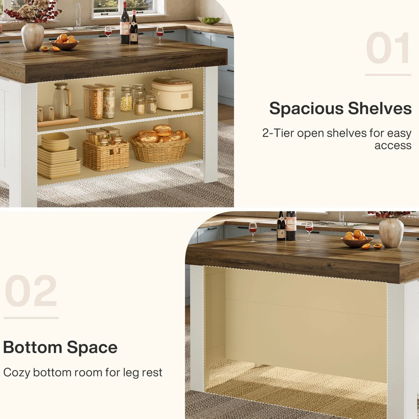 55" Kitchen Island Table, Farmhouse Counter Height Bar Table with Storage Shelves