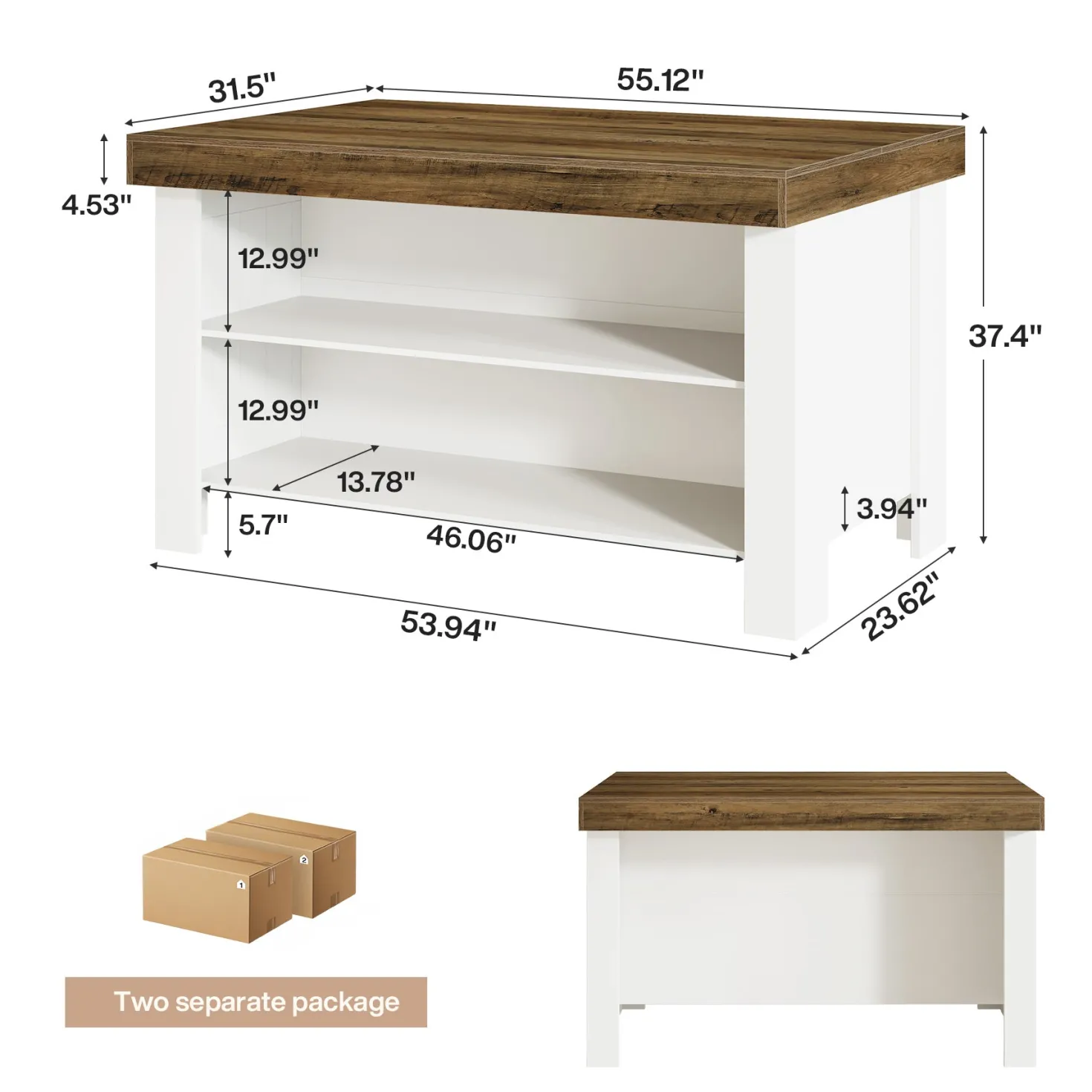 55" Kitchen Island Table, Farmhouse Counter Height Bar Table with Storage Shelves