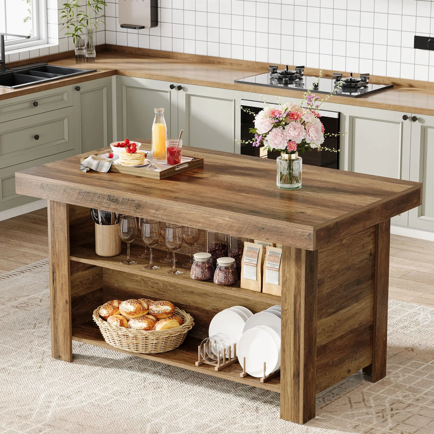 55" Kitchen Island, 3-Tier Island Table Counter Height Bar Table